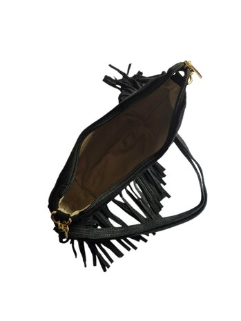 Made in Italy-Boho-tasje-Grof Suède-Echt leer-Fringe-25cmx12,5cmx6cm-Zwart