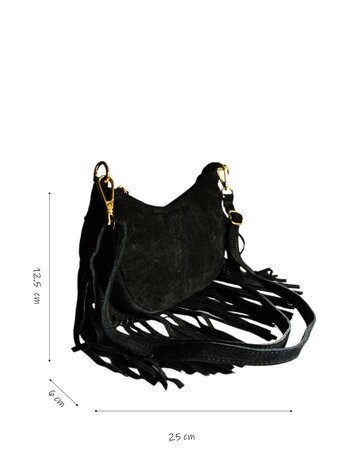 Made in Italy-Boho-tasje-Grof Suède-Echt leer-Fringe-25cmx12,5cmx6cm-Zwart