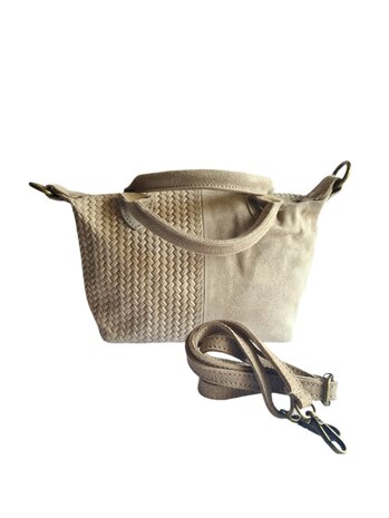 Made in Italy-Schoudertas-Handtas- Groot-Suède-Echt leer-Fringe-34cmx25cmx15cm-Beige