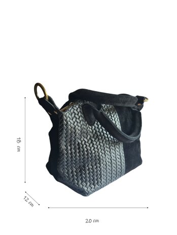 Made in Italy-Schoudertas-Handtas- Groot-Suède-Echt leer-Fringe-34cmx25cmx15cm-Zwart