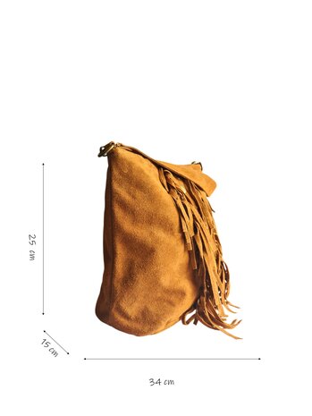 Made in Italy-Schoudertas-Handtas-Crossbody-Groot-Suède-Echt-leer-Fringe-34cmx25cmx15cm-Cognac