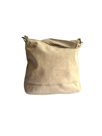 Made in Italy-Schoudertas-Handtas-Crossbody-Groot-Suède-Echt-leer-Fringe-34cmx25cmx15cm-Beige