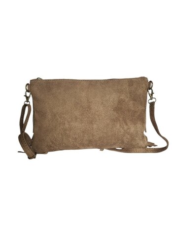 Made in Italy-Crossbody-Schouder tas-Suède-Leer-Fringe-Franje-Taupe-28cmx19cmx3cm