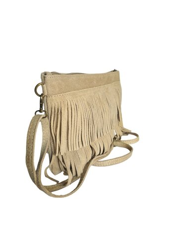 Made in Italy-Crossbody-Schouder tas-Suède-Leer-Fringe-Franje-Beige-28cmx19cmx3cm
