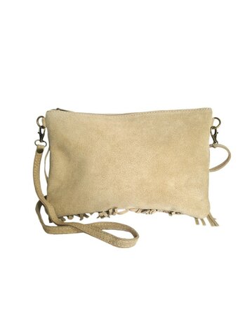 Made in Italy-Crossbody-Schouder tas-Suède-Leer-Fringe-Franje-Beige-28cmx19cmx3cm