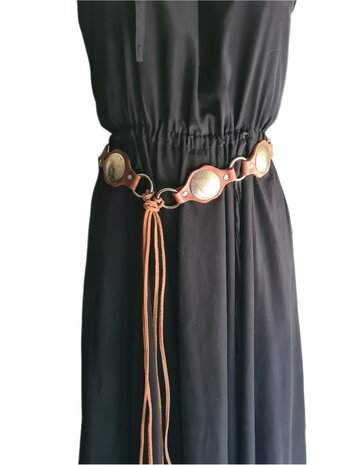 Riem-Knoopriem-Echt Leer-Bohemian-Boho style- Munten- Camel-Breed 5cm x 60cm koord-85 cm riem-60cm koord