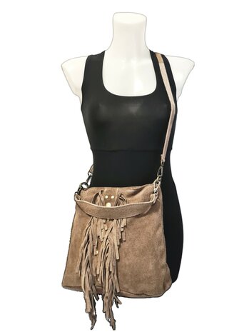 Made in Italy-Schoudertas-Handtas-Crossbody-Groot-Suède-Echt-leer-Fringe-34cmx25cmx15cm-Taupe