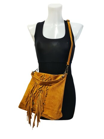 Made in Italy-Schoudertas-Handtas-Crossbody-Groot-Suède-Echt-leer-Fringe-34cmx25cmx15cm-Cognac