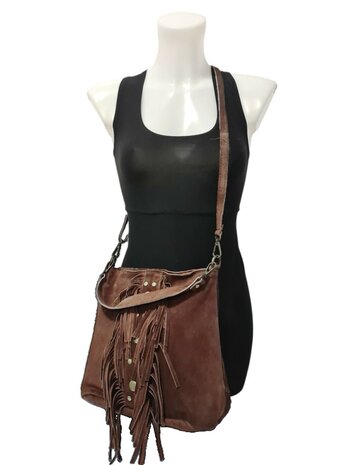Made in Italy-Schoudertas-Handtas-Crossbody-Groot-Suède-Echt-leer-Fringe-34cmx25cmx15cm-Bruin