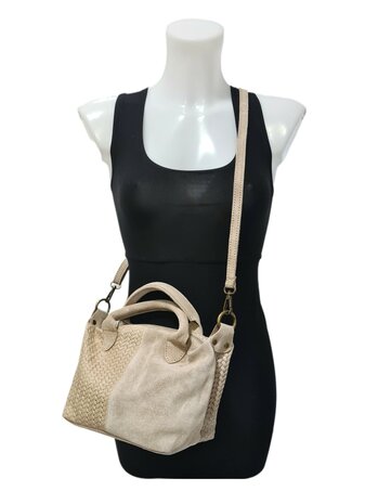 Made in Italy-Schoudertas-Handtas- Groot-Suède-Echt leer-Fringe-34cmx25cmx15cm-Beige