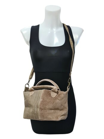 Made in Italy-Schoudertas-Handtas- Groot-Suède-Echt leer-Fringe-34cmx25cmx15cm-Bruin