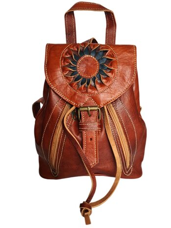 Festival Rugzak- Rugzak-Echt leer-Sun-Bohemian style-Boho style-Gypsy style-Cognac-29cmx26cmx10cm