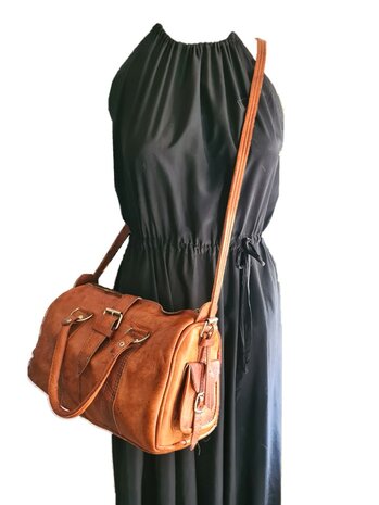 Schoudertas-crossbody-Echt leer-Handmade in Marokko-Vintage look-Bowlingbal model-30cmx18cmx15cm-Cognac