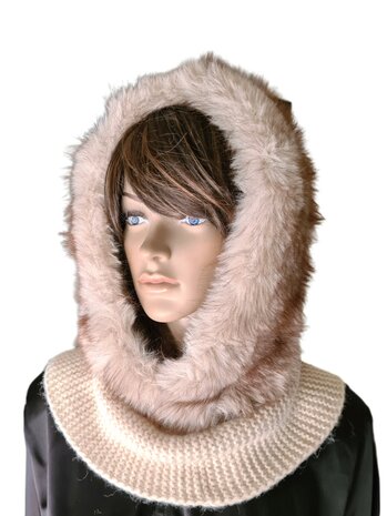 Capuchon Sjaal-Col sjaal-Sjaal-Muts-Grof gebreid-Imitatie bont-Superzacht-Warm-Fluffy- Stijlvol-One size-Beige