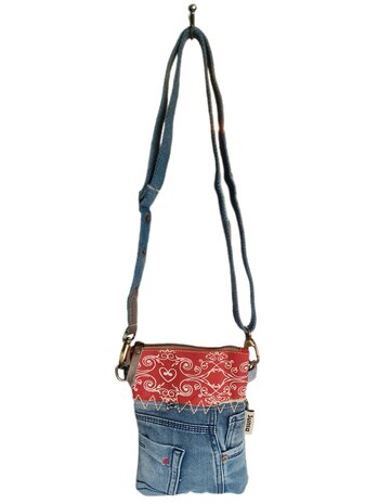 Sunsa-Tasje-Denim-Canvas-Leer-gerecyclede jeans-Rood-dames-heren-Retro-Vintage-Streetwear-18 x 23 x 2 cm