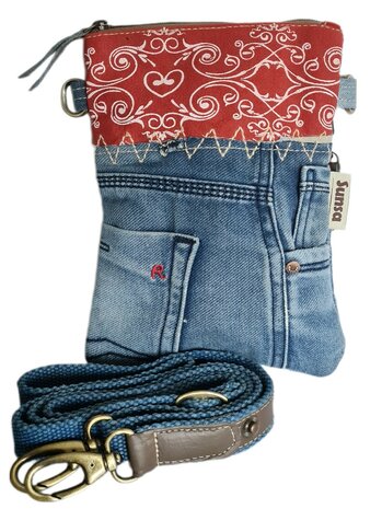 Sunsa-Tasje-Denim-Canvas-Leer-gerecyclede jeans-Rood-dames-heren-Retro-Vintage-Streetwear-18 x 23 x 2 cm