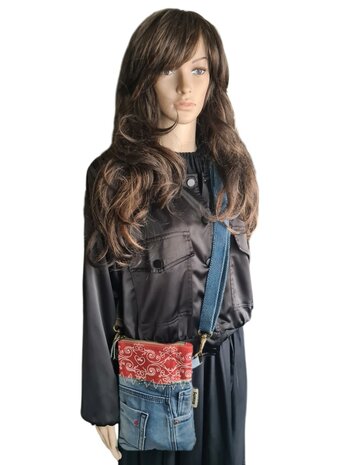 Sunsa-Tasje-Denim-Canvas-Leer-gerecyclede jeans-Rood-dames-heren-Retro-Vintage-Streetwear-18 x 23 x 2 cm