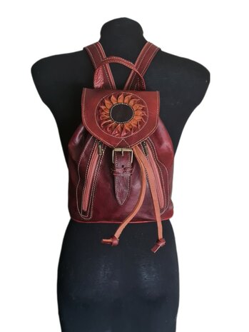 Festival Rugzak- Rugzak-Echt leer-Sun-Bohemian style-Boho style-Gypsy style-Kleur 3-26cmx23cmx11cm