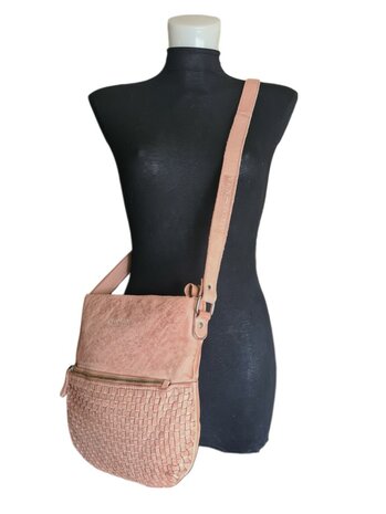 Ven Tomy-Schoudertas-crossbody-Gevlochten-Hoogwaardig leer-Gewassen leer- Soepel leer-Vintage-Dusty Pink-28cmx28cmx8cm