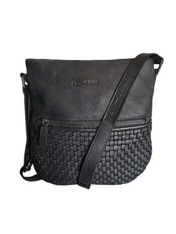 Ven Tomy-Schoudertas-crossbody-Gevlochten-Hoogwaardig leer-Gewassen leer- Soepel leer-Vintage-Zwart-28cmx28cmx8cm