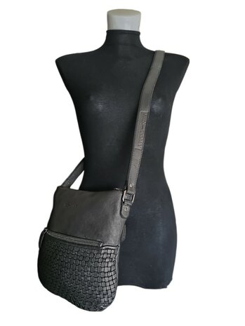 Ven Tomy-Schoudertas-crossbody-Gevlochten-Hoogwaardig leer-Gewassen leer- Soepel leer-Vintage-Zwart-28cmx28cmx8cm