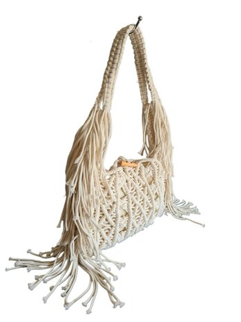 Turbo Bags- Schoudertas-Macram&eacute;-Fringe-Bohemian style-Ibiza style-100% katoen-Beige-31cmx22cmx3cm