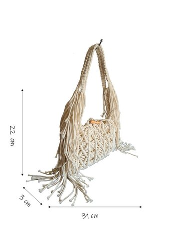 Turbo Bags- Schoudertas-Macram&eacute;-Fringe-Bohemian style-Ibiza style-100% katoen-Beige-31cmx22cmx3cm