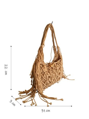 Turbo Bags- Schoudertas-Macram&eacute;-Fringe-Bohemian style-Ibiza style-100% katoen-Khaki-31cmx22cmx3cm