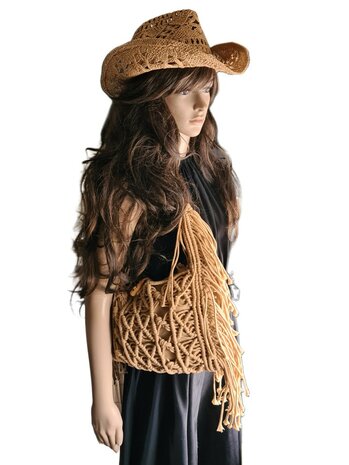 Turbo Bags- Schoudertas-Macram&eacute;-Fringe-Bohemian style-Ibiza style-100% katoen-Khaki-31cmx22cmx3cm