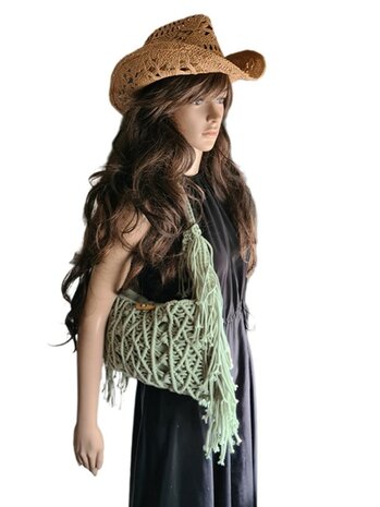 Turbo Bags- Schoudertas-Macram&eacute;-Fringe-Bohemian style-Ibiza style-100% katoen-Mint-31cmx22cmx3cm