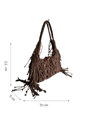 Turbo Bags- Schoudertas-Macram&eacute;-Fringe-Bohemian style-Ibiza style-100% katoen-Bruin-31cmx22cmx3cm