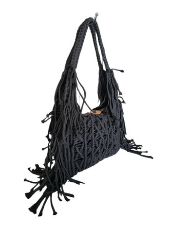 Turbo Bags- Schoudertas-Macram&eacute;-Fringe-Bohemian style-Ibiza style-100% katoen-Zwart-31cmx22cmx3cm
