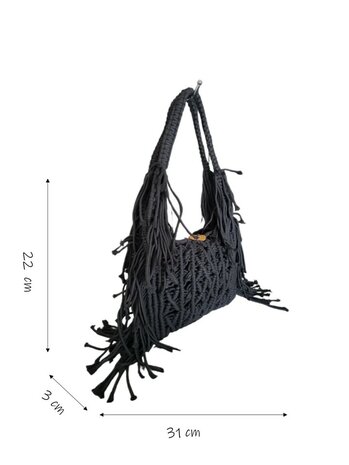 Turbo Bags- Schoudertas-Macram&eacute;-Fringe-Bohemian style-Ibiza style-100% katoen-Zwart-31cmx22cmx3cm