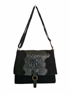 Schoudertas-Crossbody-Kroko-Leer-Suede-Enveloppe model-Zwart- 30cmx25cmx1cm