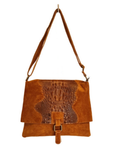 Schoudertas-Crossbody-Kroko-Leer-Suede-Enveloppe model-Cognac-30cmx25cmx1cm