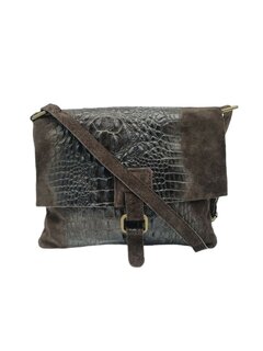 Schoudertas-Crossbody-Kroko-Leer-Suede-Enveloppe -Medium-Donker Bruin-25cmx23cmx3cm