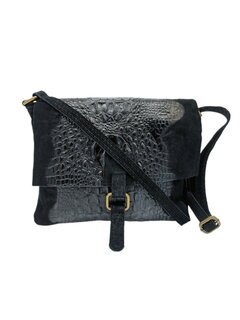 Schoudertas-Crossbody-Kroko-Leer-Suede-Enveloppe model-medium-Zwart-25cmx23cmx3cm