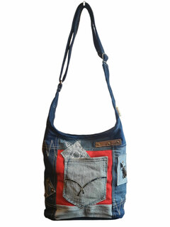 Sunsa-Tas-Hobo-Denim-Canvas-Leer-gerecyclede jeans-dames-heren-Retro-Vintage-Streetwear-Red-32 x 32 x 9 cm-Sunsa