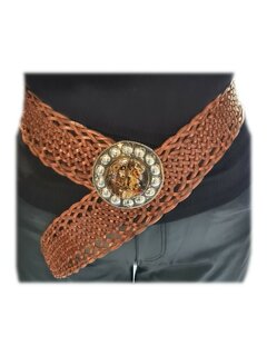 Riem-Leer-Bohemian-Boho style- Gevlochten leer- Steen- Camel- 7cm 