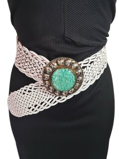 Riem-Leer-Bohemian-Boho style- Gevlochten leer- Steen- Wit- 7cm 