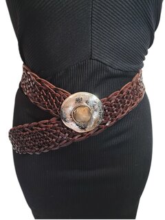 Riem-Leer-Bohemian-Boho style- Gevlochten leer-Gesp-Rond- Bruin-5cm 