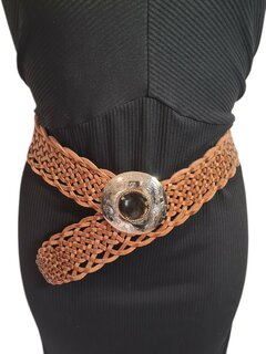 Riem-Leer-Bohemian-Boho style- Gevlochten leer-Gesp-Rond- Camel-5cm 