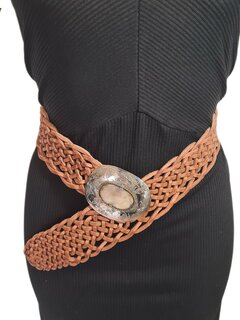 Riem-Leer-Bohemian-Boho style- Gevlochten leer-Gesp-Ovaal- Camel-5cm 