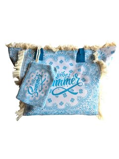 Beach bag-Strand tas-Summer vibes-Franje-Bohemian style-Ibiza style-52cmx35cmx17cm-Licht blauw