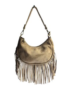 Made in Italy-Boho-tasje-Suède-Echt leer-Fringe-23cmx14cmx5cm-Taupe