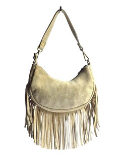 Made in Italy-Boho-tasje-Suède-Echt leer-Fringe-23cmx14cmx5cm-Beige