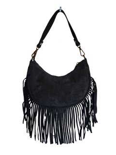 Made in Italy-Boho-tasje-Suède-Echt leer-Fringe-23cmx14cmx5cm-Zwart