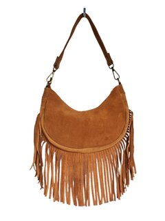 Made in Italy-Boho-tasje-Suède-Echt leer-Fringe-23cmx14cmx5cm-Camel