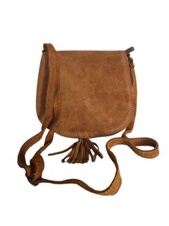Made in Italy-Boho-tasje-Suède-Echt leer-Klep-Fringe-22cmx19cmx4cm-Camel