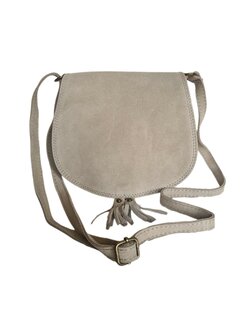 Made in Italy-Boho-tasje-Suède-Echt leer-Klep-Fringe-22cmx19cmx4cm-Beige
